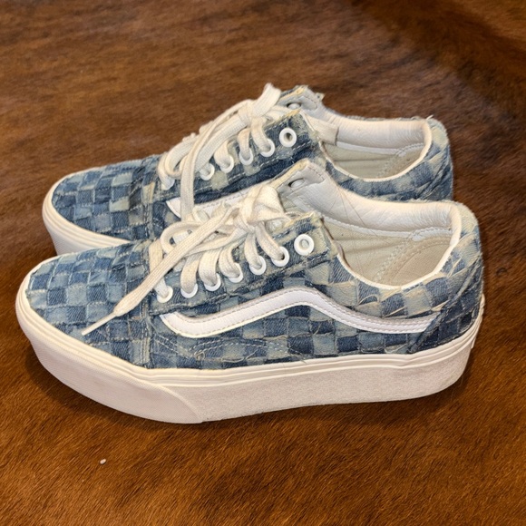 Vans Women's Blue Denim Checkered Platform Sneakers - Picture 2 of 5